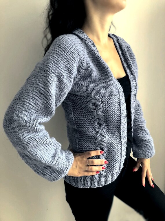 Wool Cardigan - Woman Cable Knit Cardigan - 100 % Wool - Knitted  