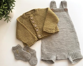 Baby newborn knitted set, baby knit outfit, merino wool romper, cardigan with buttons, baby socks, baby shower gift, newborn gift