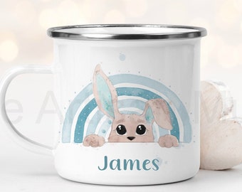 Taza de esmalte personalizada con forma de conejito, regalo de Pascua arcoíris