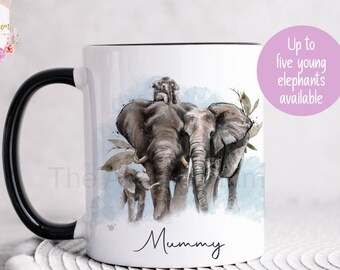 Personalised elephant mug, elephant gift idea, birthday mug for mum or dad, elephant family coffee cup, safari animal gift