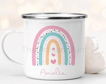 Personalised rainbow enamel mug, children's mug, custom enamel cup, gifts for kids, camping mug, enamel mug gift for her, rainbow gift