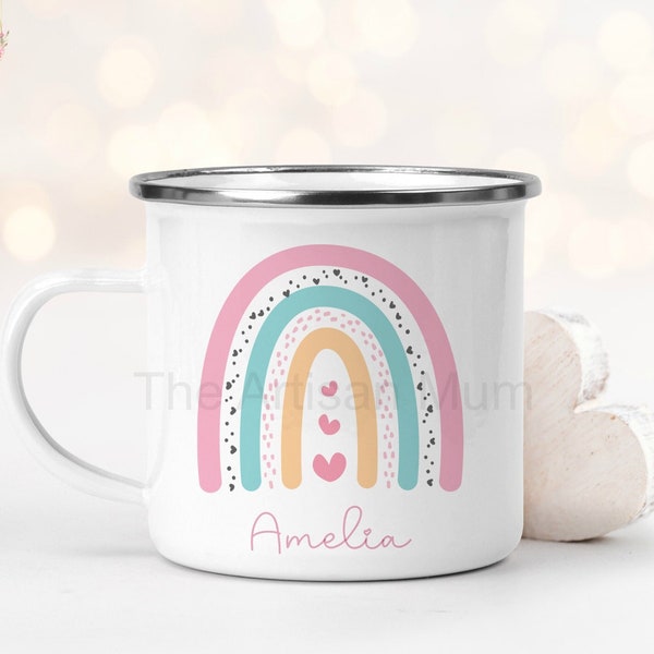 Personalised rainbow enamel mug, children's mug, custom enamel cup, gifts for kids, camping mug, enamel mug gift for her, rainbow gift