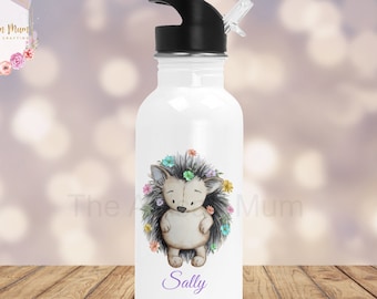 Personalised kids floral hedgehog water bottle with straw, school water bottle, nursery preschool bottle, back to school, sports name bottle
