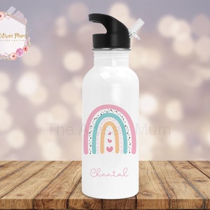 Personalised kids rainbow water bottle with straw, school water bottle, nursery /preschool bottle, back to school, gymnastics /ballet bottle