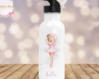 Personalised kids ballet water bottle with straw, school water bottle, nursery preschool bottle, back to school, ballerina name bottle