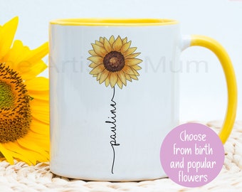 Personalised birth flower mug, custom family name mug, flower gift, birthday flower present, grandma or mum mug, sunflower name stem mug
