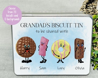 Personalised biscuit tin, Grandad or Granny's treats, Cookie tin for Grandpa or Nanna, Biscuit characters, grandparent gift from kids