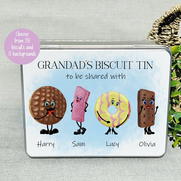 Personalised biscuit tin, Grandad or Granny's treats, Cookie tin for Grandpa or Nanna, Biscuit characters, grandparent gift from kids