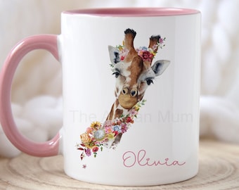 Personalised giraffe mug, giraffe gifts for friends, birthday gift for mum or sister, floral giraffe, thank you present, safari coffee mug