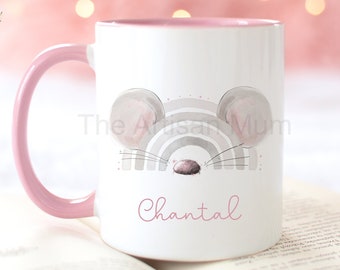 Personalised pink mouse rainbow mug, mousebow coffee cup, birthday mug for her, gift for granddaughter, gifts for teenage girls