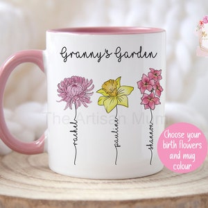 Personalised Granny's garden mug, custom family name mug, birth flower mug, flower gift, birthday flower present, grandma or mum mug