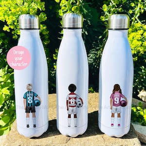May include: Three stainless steel water bottles with personalised designs of children playing football. The bottles are white with a silver lid. The designs feature a boy with blonde hair wearing a blue and white jersey with the number 8, a boy with black hair wearing a red and white jersey with the number 6, and a girl with brown hair wearing a pink and white jersey with the number 9.