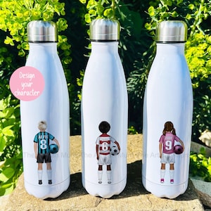 Personalised insulated football water bottle, 500ml stainless steel flask, hot/cold drink, custom soccer bowling drink bottle, kids sports