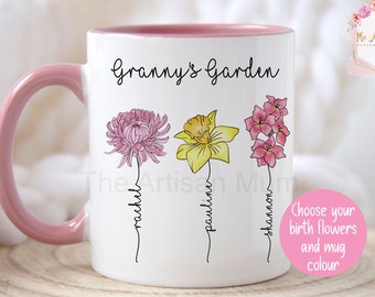 Personalised Granny's garden mug, custom family name mug, birth flower mug, flower gift, birthday flower present, grandma or mum mug