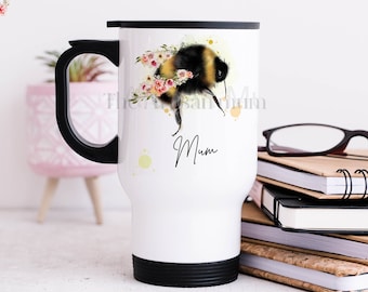 Personalised floral bumble bee travel mug with handle, insulated travel mug for women, coffee thermal mug, bee lover gift, best friend gift