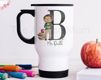 Personalised insulated male teacher travel thermal mug with handle, male teacher gift, teacher and TA thank you present