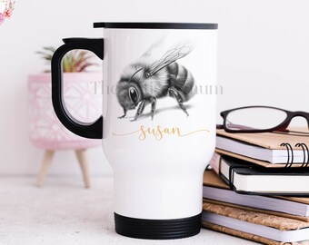 Personalised sketchy bumble bee travel mug with handle, insulated travel mug for women, coffee thermal mug, bee lover gift