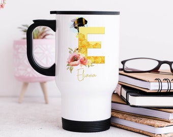 Personalised bumble bee alphabet travel mug with handle, insulated travel mug for women, coffee thermal mug, bee lover gift