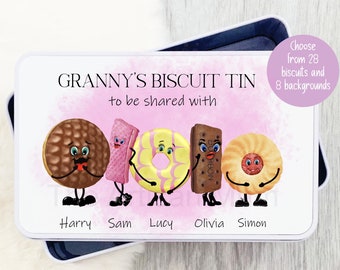 Personalised large biscuit tin, Grandad or Granny's treats, Cookie tin for Grandpa or Nanna, Biscuit characters, grandparent gift from kids