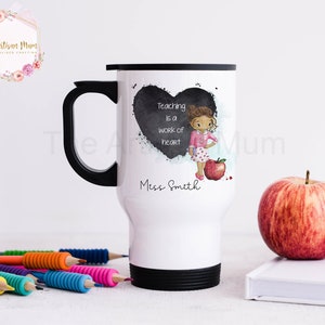 Personalised teacher's insulated thermal travel mug with handle, teacher or TA thank you gift, travel mug for women