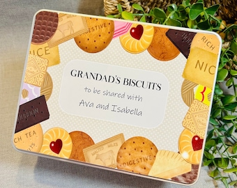 Personalised biscuit tin, Grandad or Granny's treats, Cookie tin for Grandpa or Nanna, Biscuit characters, grandparent gift from kids