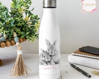 Personalised insulated bunny water bottle, 500ml stainless steel flask, hot or cold drinks, custom bowling drink bottle, adult sports bottle