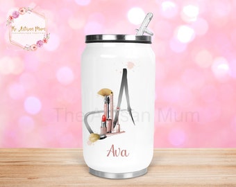 Personalised insulated Make up cola can straw water bottle, make up design, cosmetic lover gift for her, birthday gift drinks bottle, MUA