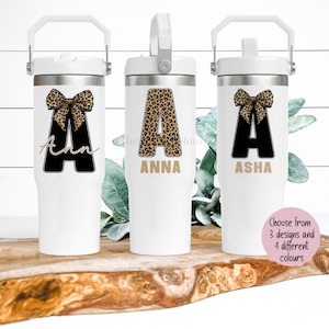 Personalised large 30oz insulated tumbler with lid handle, big water bottle with straw, hot / cold flask, leopard animal print initial gift