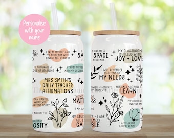 Personalised teacher's daily affirmations gift, teaching tumbler cup, teacher TA thank you, wellbeing present, positive thoughts, self care