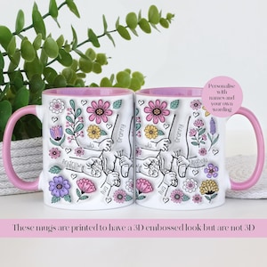 Può includere: Due tazze in ceramica bianca con manici e bordi rosa, decorate con disegni floreali e disegni a tratto di mani. Le tazze hanno nomi come "Andrew", "Ava" e "Isabella" stampati sopra. È visibile anche il testo "Personalizza con nomi e la tua formulazione".