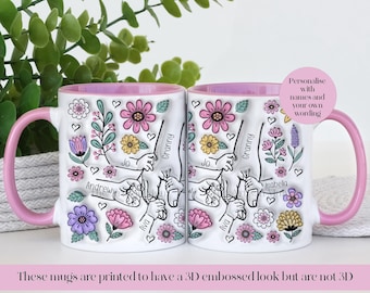 Personalised Granny's family holding hands mug, custom family names mug,  Nana birthday present, grandma or mum Mother's Day mug