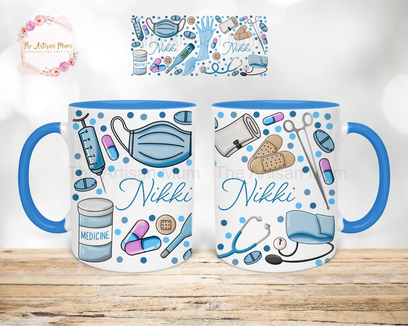May include: Two white ceramic mugs with blue rims and handles. Both mugs feature a white background with blue polka dots and a variety of medical-themed illustrations, including a syringe, pills, a face mask, bandages, a stethoscope, and a roll of gauze. The name "Nikki" is written on both mugs.
