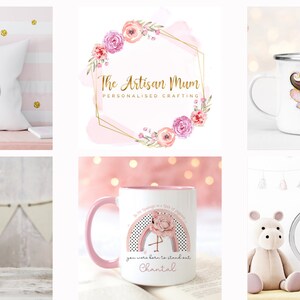 May include: A collection of personalized gifts featuring a pink and white color scheme. The items include a pillow with a teddy bear and the letter B, a mug with a rainbow and a flamingo, a water bottle with a gaming controller, a mug with a fairy, and a sippy cup with a cat and the letter B.