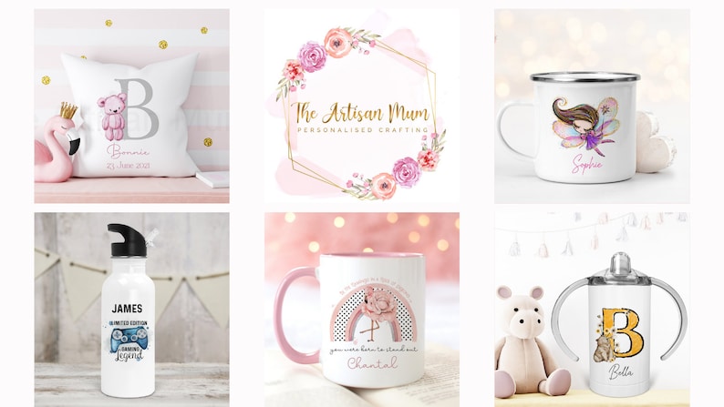 May include: A collection of personalized gifts featuring a pink and white color scheme. The items include a pillow with a teddy bear and the letter B, a mug with a rainbow and a flamingo, a water bottle with a gaming controller, a mug with a fairy, and a sippy cup with a cat and the letter B.