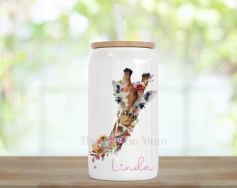 Personalised giraffe glass, giraffe gifts for friends, cup for mum or sister, floral giraffe, thank you present, safari birthday tumbler