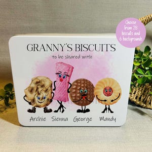 Personalised large biscuit tin, Grandad or Granny's treats, Cookie tin for Grandpa or Nanna, Biscuit characters, grandparent gift from kids