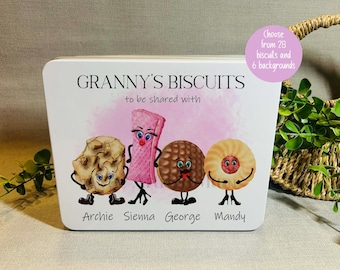 Personalised large biscuit tin, Grandad or Granny's treats, Cookie tin for Grandpa or Nanna, Biscuit characters, grandparent gift from kids