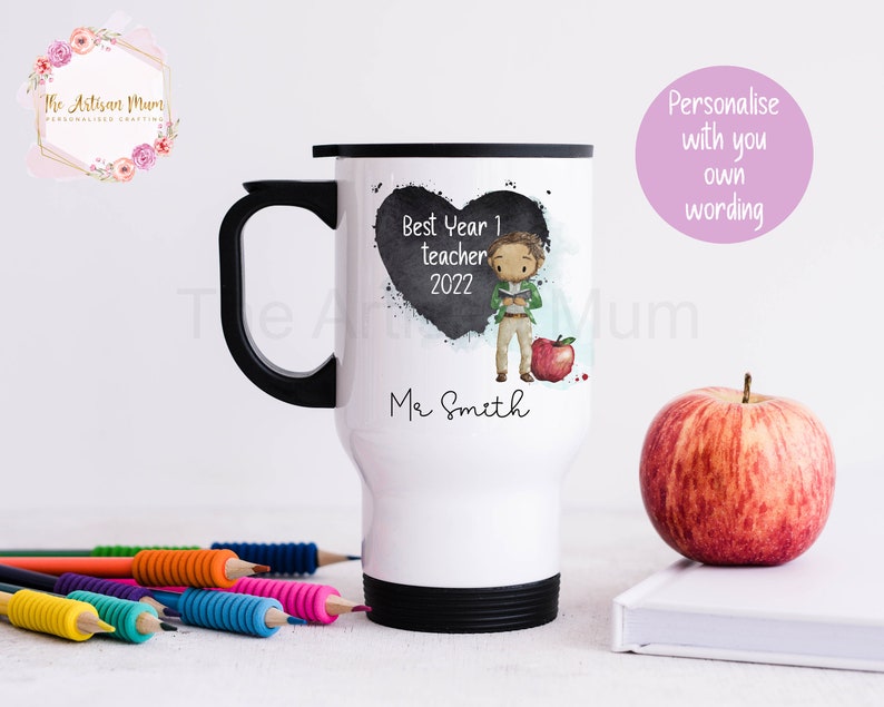 Personalised insulated male teacher travel thermal mug with handle, male teacher gift, teacher and TA thank you present image 3