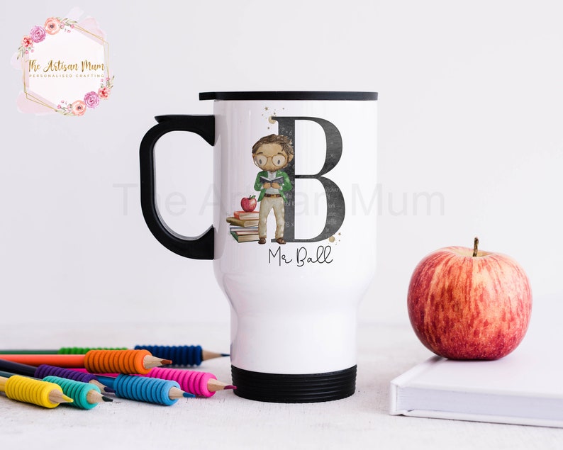 Personalised insulated male teacher travel thermal mug with handle, male teacher gift, teacher and TA thank you present image 5