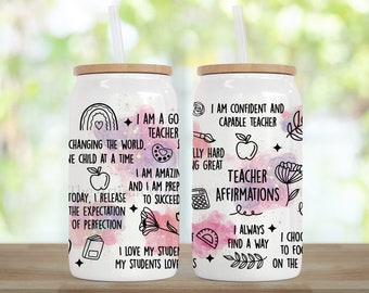 Teacher's daily affirmations gift, teaching tumbler cup, teacher TA thank you, wellbeing present, positive thoughts, motivational self care