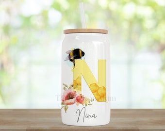 Personalised bumble bee glass for her, floral bee cup, bee lover present, honey bee gift, bee gift for sister mum daughter, best friend gift