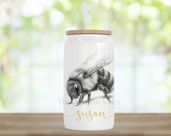 Personalised sketchy bumble bee glass for her, bee lover present, honey bee gift, bee gift for sister mum daughter, best friend nature gift