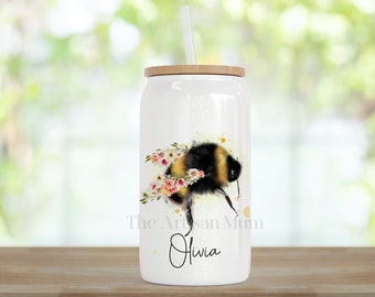 Personalised bumble bee glass for her, floral bee cup, bee lover present, honey bee gift, bee gift for sister mum daughter, best friend gift
