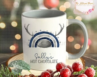 Personalised Christmas mug, hot chocolate mug, Christmas reindeer rainbow, Christmas Eve box filler, Secret Santa gift, reinbow mug