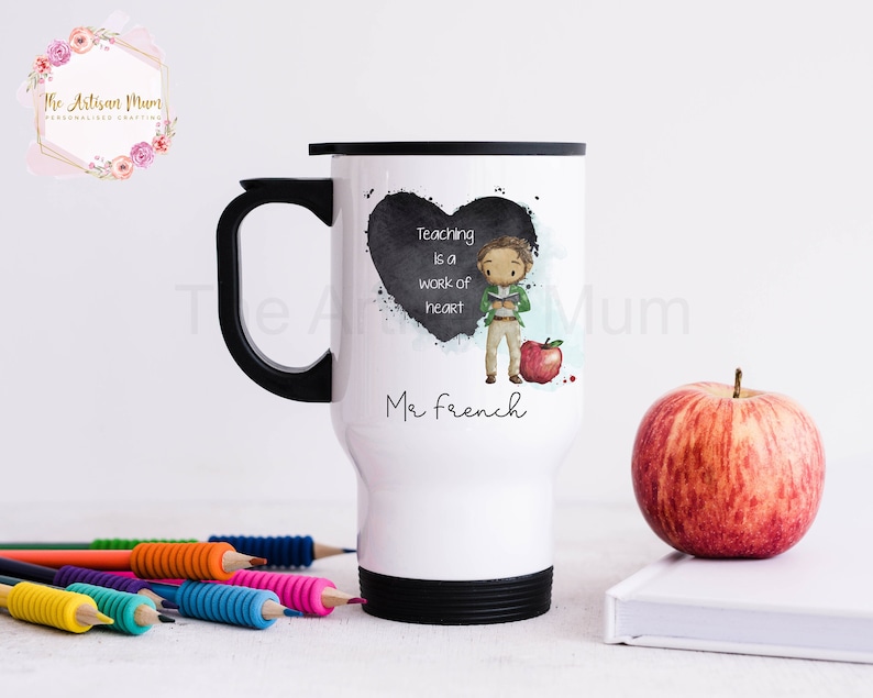 Personalised insulated male teacher travel thermal mug with handle, male teacher gift, teacher and TA thank you present Male teacher