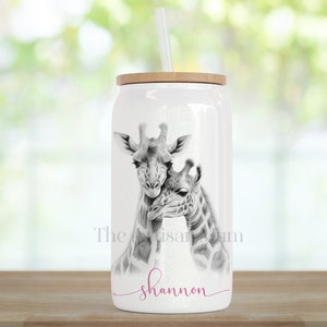Personalised giraffe glass, giraffe birthday gifts for friends, cup for mum or sister, sketchy giraffes, thank you present, safari tumbler