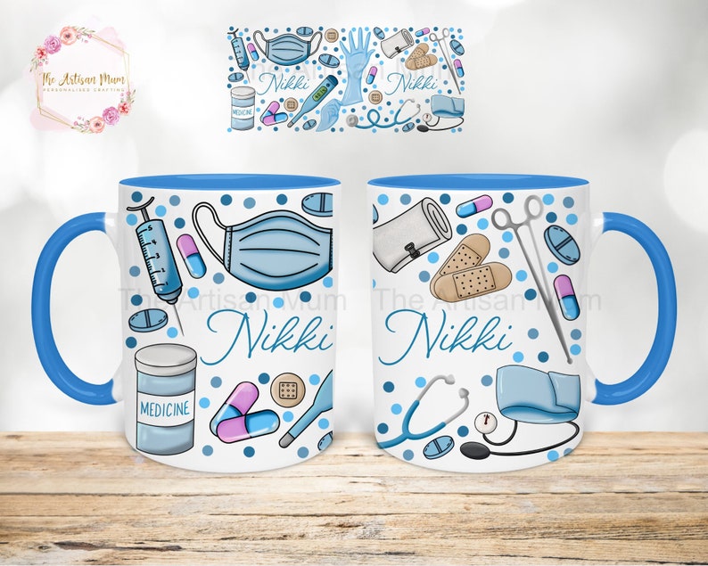 May include: Two white mugs with blue handles and blue rims. The mugs have a white background with a pattern of medical supplies, including a syringe, pills, bandages, a stethoscope, and a face mask. The name "Nikki" is written on each mug.