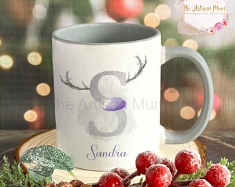 Personalised Christmas mug, hot chocolate mug, reindeer alphabet mug, Christmas Eve box filler, Secret Santa gift, reindeer alphabet gift