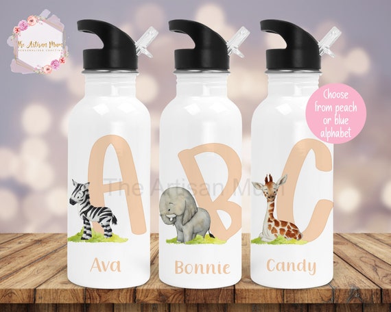 Personalised Kids Safari Water Bottle With Straw, Animal School Water Bottle,  Nursery Preschool Bottle, Back to School, Sports Name Bottle 