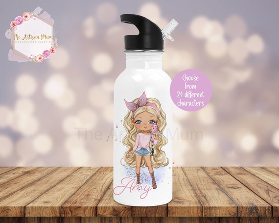 Personalised Girls Water Bottle With Straw, School Water Bottle